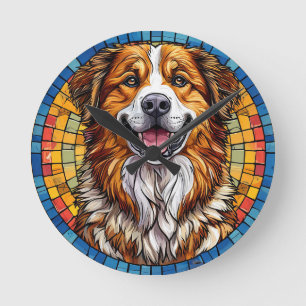 Horloge Ronde Chien souriant sur fond mosaïque