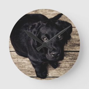 Horloge Ronde Chiot de récupération du Labrador noir sur bois