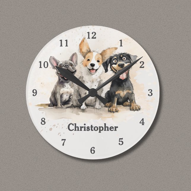 Horloge Ronde Chiots Joueurs Aquarelle Personnalisé (Playful Puppy Dogs Personalized Clock with Watercolor Puppies, Boy's Name.)