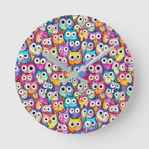Horloge Ronde Chouette face caricature doodle whimiscal oiseaux 