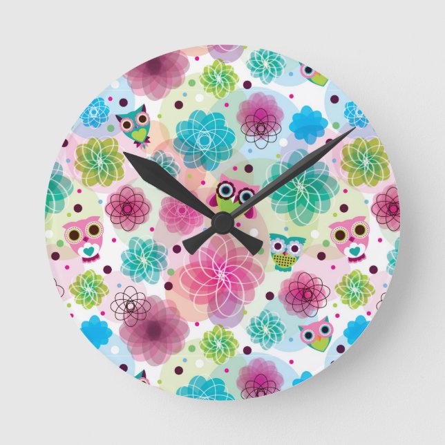 Horloge Ronde Chouette fleur mignonne arrière - plan motif (Recto)