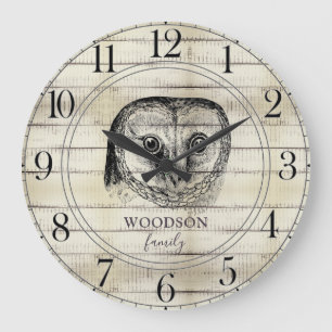 Horloge Ronde Chouette Rustique Bois clair Nom de famille Grande