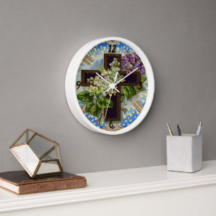 Horloge ronde Christian Floral Cross