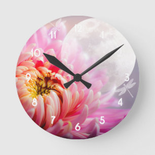 Horloge Ronde Chrysanthème et Lune