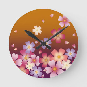 Horloge Ronde Chute des fleurs Sakura Kimono Style or