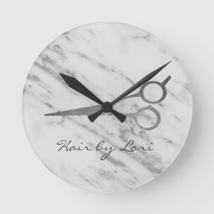 Horloge Ronde Ciseaux de marbre dorés de styliste de coiffure pe