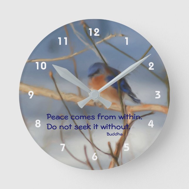 Horloge Ronde Citation inspirée de la paix du Bouddha bleu d'hiv (Recto)