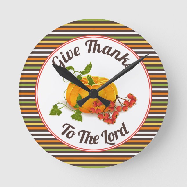 Horloge Ronde Citrouille, baies et rayures tombent Thanksgiving (Recto)