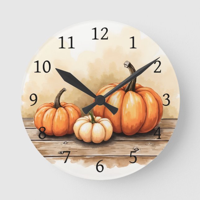 Horloge Ronde Citrouilles d'automne sur une table en bois (Recto)