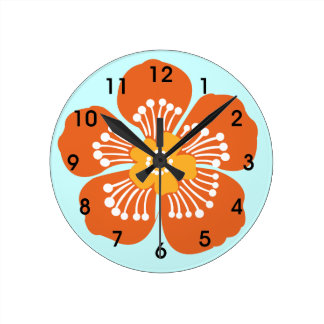 Horloge Ronde Clic de mur de fleurs tropicales orange