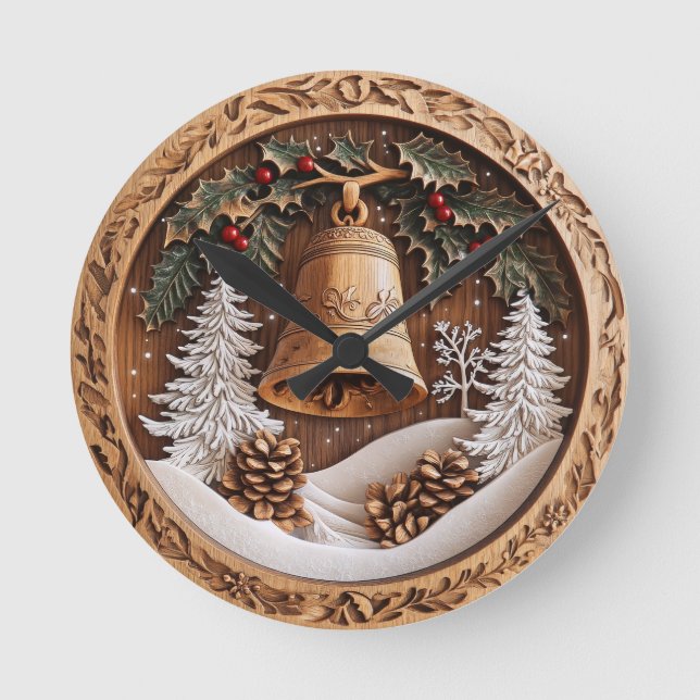 Horloge Ronde Cloche d'hiver en bois, conception artisanale AI H (Recto)