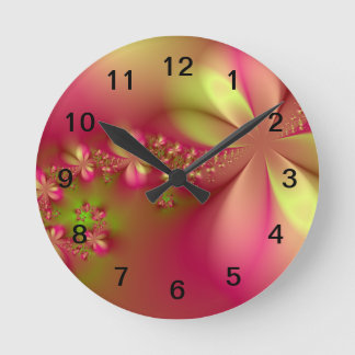 Horloge Ronde Clock Pink and Green Floral Fractal Wall