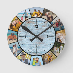 Horloge Ronde Clôture en bois bleu Faux Rustique 12 Photo Collag
