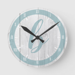 Horloge Ronde Coastal White Wood Print & Seaglass Blue Monogram