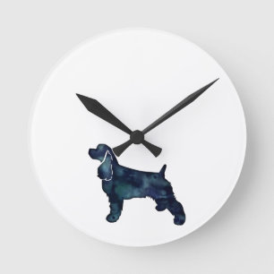 Horloge Ronde Cocker Spaniel Chien Silhouette Noir Aquarelle