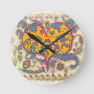 Horloge Ronde Coeur d'art populaire avec feuilles et fleurs