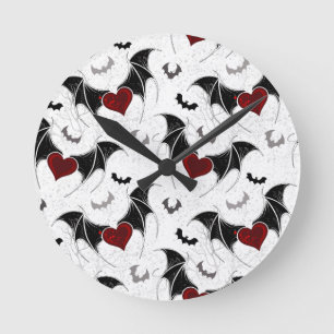 Horloge Ronde Coeur d'Halloween avec ailes de chauve-souris noir