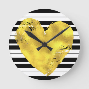 Horloge Ronde Coeur et rayures d'or