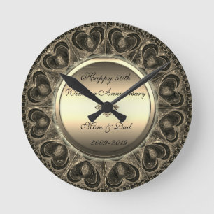 Horloge Ronde Cœurs dorés vintage 50e anniversaire de mariage