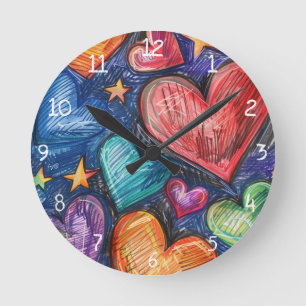 Horloge Ronde Coeurs et étoiles dessinés à la main