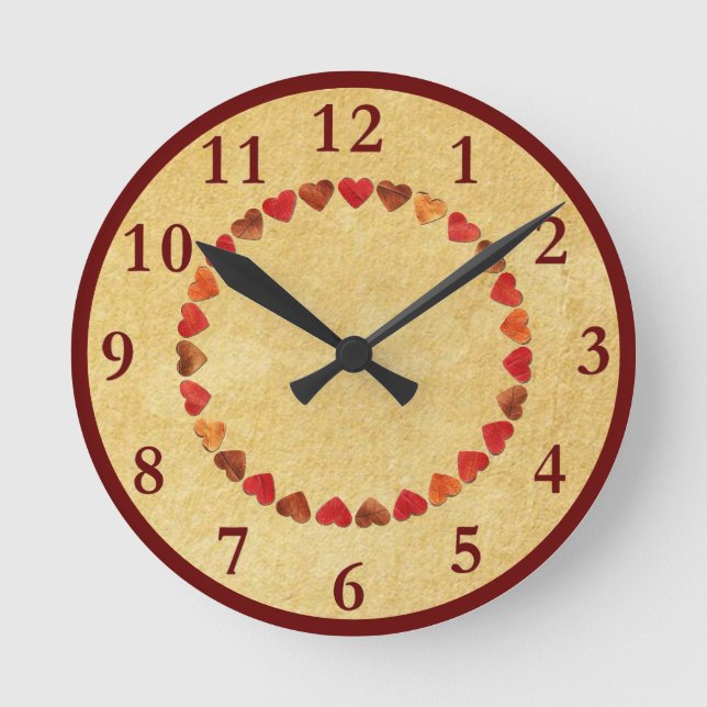 Horloge Ronde Coeurs Feuilles D'Automne Sur Ancien Papier Horlog (Recto)