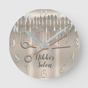Horloge Ronde Coiffeur Cheveux Or Champagne Paillettes Diamant