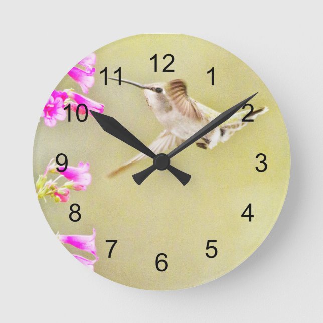 Horloge Ronde Colibri et fleurs roses (Recto)