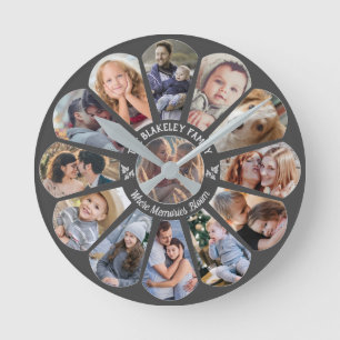 Horloge Ronde Collage de photos familiales Gris 13 Forme de fleu