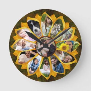 Horloge Ronde Collage de photos familiales Tournesol 13 Photos F