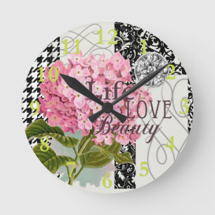 Horloge Ronde Collage d'hortensia rose chic Art damassé vintage