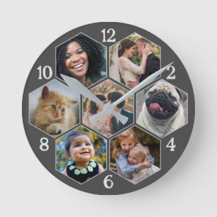 Horloge Ronde Collage photo de famille 7 Hexagon gris personnali