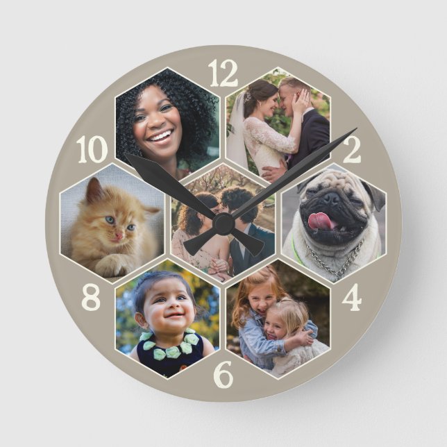Horloge Ronde Collage photo de famille 7 Taupe personnalisée Fle (Recto)