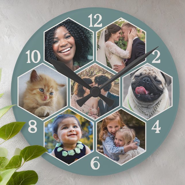 Horloge Ronde Collage photo famille 7 Fleur Hexagon Turquoise pe (Créateur téléchargé)