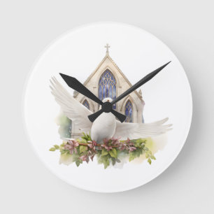 Horloge Ronde Colombe blanche avec église