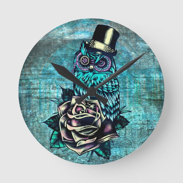 Horloge Ronde Colorful textured owl illustration on teal base. (Recto)