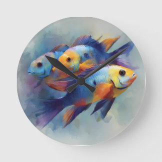 Horloge Ronde Colorful Tropical Fish Triptych Canvas Wall Art