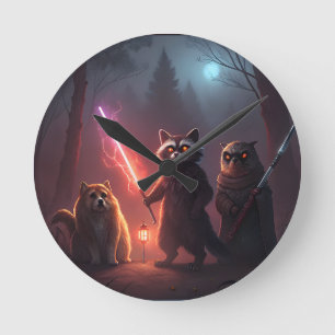 Horloge Ronde Combat d'animaux dans une forêt mystique Art