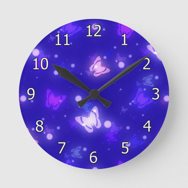 Horloge Ronde Conception bleu-foncé de papillons légers de lueur (Recto)