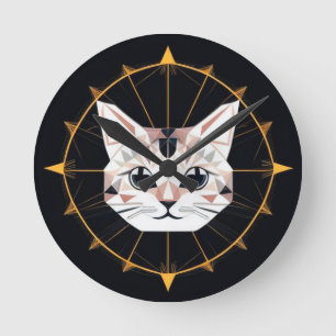 Horloge Ronde Conception de chat géométrique entourée d'étoiles 