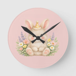 Horloge Ronde Conception de fleur sauvage de lapin duveteux pour