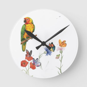 Horloge Ronde conception de perroquet et papillons à l'aquarelle
