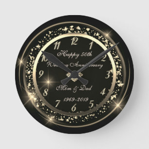 Horloge Ronde Confetti Diamant Noir 50e Anniversaire de Mariage