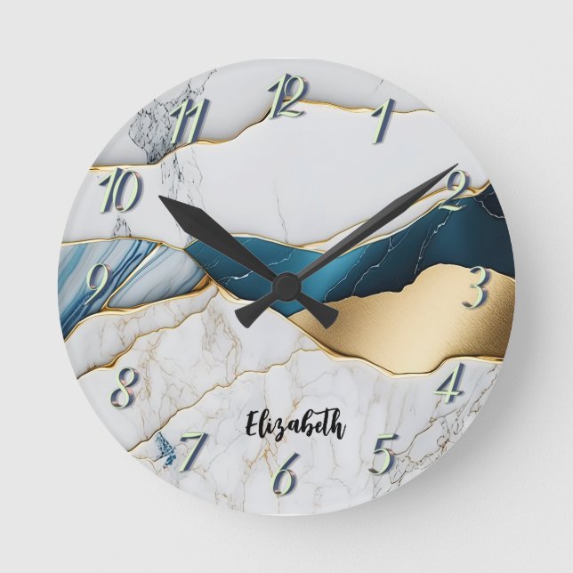 Horloge Ronde Cool Blanc Turquoise Marbre Pierre Or (Recto)