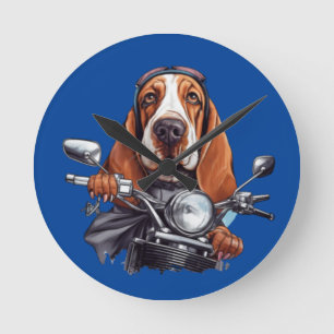 Horloge Ronde Cool chien biker, joli basset hound chien conducte