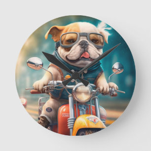 Horloge Ronde Cool chien biker, mignonne chien de conduite horlo