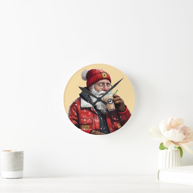 Horloge Ronde Cool Père Noël Boire du café glacé Art de Noël (Maison)