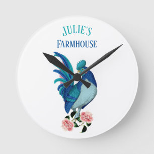 Horloge Ronde Coq de Ferme de Campagne Française Bleu Sarcelle R