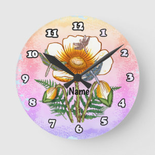 Horloge Ronde Coquelicot jaune libellule