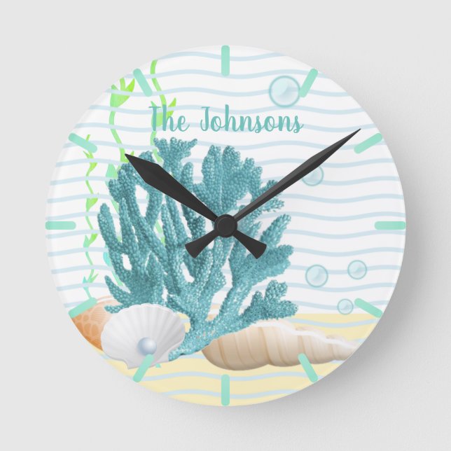Horloge Ronde Corail bleu, coquillages et perle bleue (Recto)