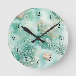 Horloge Ronde Corail et coques sous-marins en Aquarelle Turquois